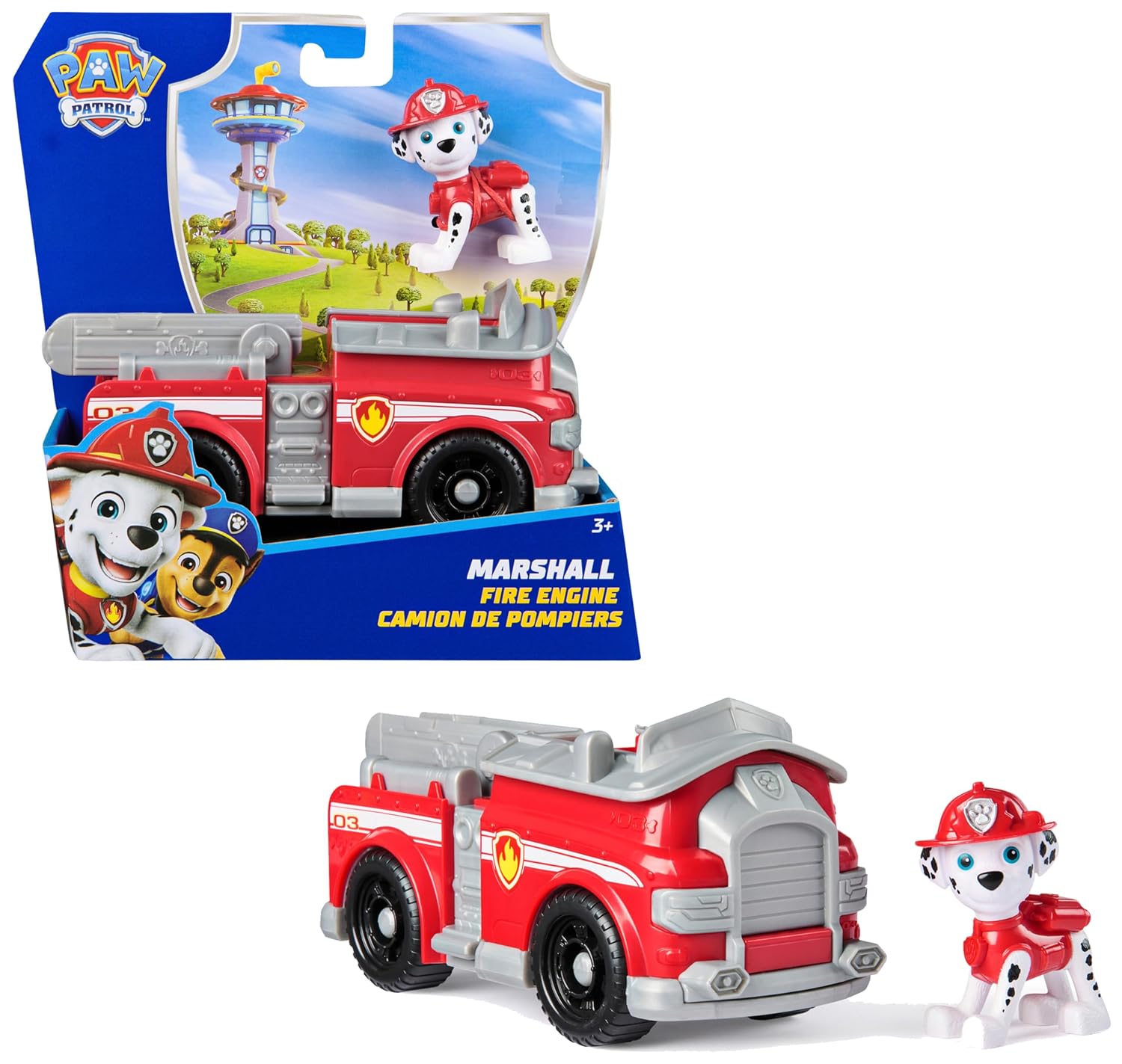 Paw Patrol Patrulla Canina Camión Bomberos y Marshall Juguetes niños +3 | Camión de bomberos Marshall de 15 cm con figura de Marshall para recrear aventuras de Patrulla Canina. +3 años.