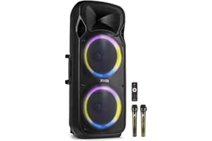 Fenton FT212LED MK2 Portable PA System with 2x12" Speakers, Bluetooth, Rechargeable Battery, LED Lights & Wireless Microphones - 1400W Power for Party, Karaoke, DJ & Live Events