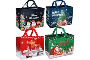 AMICABLY Large Christmas Bags for Gift,4pcs Xmas Gift Tote Bags with Handles, Reusable Multipack Non-woven Christmas Treat Shopping Bags, Xmas Party Favor Bags Decorations, 32.5×25×17cm