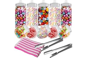 HEFTMAN Tarros de Plastico para Chuches – Juego de 10 Botes De Chuches con Tapas, Kit de Buffet de Dulces para Fiestas con 2 Pinzas y 50 Bolsas de Papel Dulces a Rayas Rosas - Candy Bar Tarros