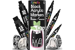 Funcils 5 Stylos de Peinture Acrylique Noir - Pack Varié - Marqueurs de Peinture à Base d'Eau pour Pierre, Céramique, Verre, Bois, Toile
