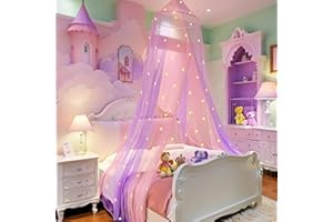 Eimilaly Two-tone Bed Canopy Stars Glow in the Dark Pink Purple, Mosquito Net Bed Canopy for Girls Room Decor, Single Door