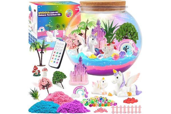 MYDOVA Unicorn Girl Gift, Bricolage Unicorn Terrarium Craft Set avec minuterie télécommande et lumières colorées, veilleuse DIY Kids, Unicorn Fairy Garden Craft Set, Cadeau Fille pour Enfants