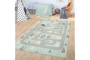 ‎TT HOME TT Home Teppich Kinderzimmer Kinderteppich Babymatte Straßen Motiv Tiere Wald Haus Junge, Farbe:Türkis, Größe:80x150 cm