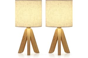 UOMIO Tripod Table Lamp Set of 2 for Bedroom Wooden Bedside Lamps with Tripod Base and Beige Linen Shade Small Cozy Desk Lamps Lights for Living Room Decoration, Warm Atmosphere
