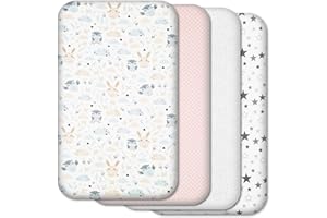 SELEMAVI Next to Me Crib Sheets – 4 Pack Baby Crib Fitted Sheets Set - 100% Cotton, Soft & Breathable, to fit Bedside Cribs - Made in Europe – 83 x 50 cm (Pink&Grey Patterns, 83x50cm)