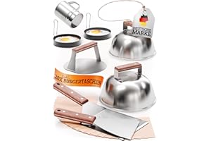 LIKAYA® Smash Burger Master-Set XXL [9-TLG.] Edelstahl mit Akazienholz-Griffen für Plancha, Grillplatte, Gasgrill & Feuerplatte | 1x Smasher, 2X Burgerglocke, 1x Grillspachtel, 1x Grillwender & mehr
