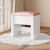 HEXCELEN Upholstered Makeup Stool, 30 x 40 x 44 cm, White and Pink | Dressing Table Stool with Non-Slip Pad for Dressing Room