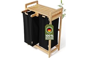 AMBIAVO® Cesto portabiancheria a 2 scomparti [nero, 100% cotone, bambù, volume 60 l, per biancheria sporca, sistema di smistamento della biancheria, contenitore per la biancheria, laundry baskets