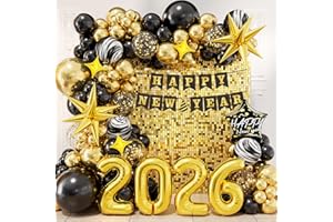 DBKL Happy New Year Balloon Garland Arch Kit, 2026 New Years Balloons with Black Gold Agate Confetti New Year Star Foil Balloons for Eve Birthday Graduations Party Decorations