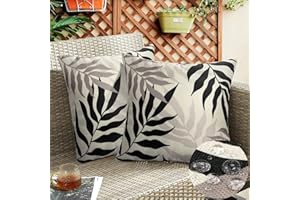 HANRUNSI 2 Piezas Fundas de Cojín Impermeables Almohadas Estampado de Hojas Fundas de Cojín Lino para Exterior Salón Cama Jardín Silla Habitación Balcón Dormitorio 50 x 50 cm Negro Gris Fundas para Cojines