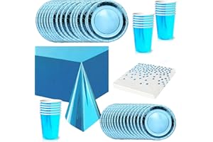 COSORO 65 pièces Vaisselle Jetable Bleu,Foil Comprend Assiettes Carton Jetable Tasses Serviettesr en Papier et Nappe,Kit Decoration Anniversaire Fêtes Pique-niques Mariage Noël,Biodégradables,Recyclable
