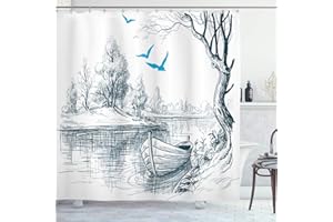 ABAKUHAUS, Krajobraz, Zasłona prysznicowa, Łódź na spokojne rzeka Drzewa Ptaki Gałązki rysunek szkic Clipart Wodnej dziekujemy, Biały Szary Niebieski, 175cm x 240cm