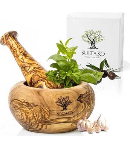 Mortaio E Pestello In Legno D'Ulivo - Fatto A Mano, Diametro 10 Cm, Per Spezie - Foto 5