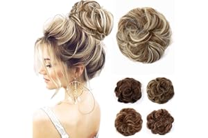 JJstar Messy Hair Bun Curly Wavy Hair Scrunchies Accessories Pieces for Women Girls Synthetic Hair Chignons (Green Brown/Beach Blonde)