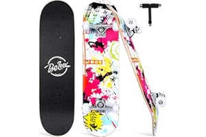 BELEEV Skateboard 31x8 pour Débutants, Enfants, Adolescents et Adulte, Complet Pro Cruiser Skateboard pour Fille Garcon, Érable Canadien 7 Couches, Double Plateau Concave avec Outil en T