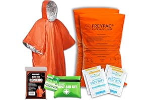 FREYPAC Camping Essential Survival Bundle with 2 XL Waterproof Rucksack Liners, Rain Poncho, Shower Body Wipes, First Aid Kit, Perfect for Hiking, Trekking, Festivals