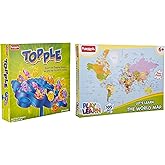 Funskool Original Topple Strategy Board Game for Kids & Families, Educational Fun 2-4 Players Ages 6 World Map Jigsaw Puzzle,