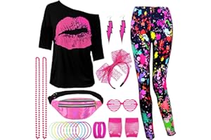 UxClishe 80s Fancy Dress for Women, 80s Costume Accessories Set 1980s Costume Outfit with T-shirt Pantalon Fanny Pack Neon Accessories 80s Workout Costume Disco Outfit for Retro Theme Party Dress