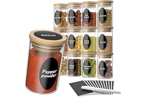 FINEW Set di barattoli per spezie, rotondi, 12 x 200 ml, contenitori per spezie in vetro con coperchio in bambù, set con etichette e pennarelli, barattoli per spezie, tè, alimenti