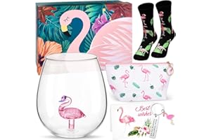 Nuenen Set 6 Regali a Tema di Fenicottero per Donna Incluso Bicchiere da Cocktail Senza Stelo con Fenicottero all'Interno Borsa da Trucco Calzini Portachiavi Biglietto di Auguri con Scatola da Regalo