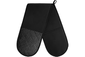AUAUY 1 PC Black Double Oven Gloves, 250°C/482°F Heat Resistant BBQ Oven Mittens with Ropes, Silicone Non-slip Design Gloves-Oven Mitts, Cooking Oven Glove Mitts for Cooking Baking Grilling
