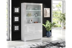 Furneo Clifton 20 – White Display Cabinet, Modern 2-Door Cupboard, High Gloss & Matt Finish, White LED Lights