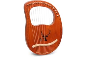 LOMUTY Lyre Harpe 16 Cordes Métalliques en Acajou Petite Harpe Portable Harpe Lyre Métal Selle avec Clé de Réglage et Housse Noire, Marron, Motif d'élan