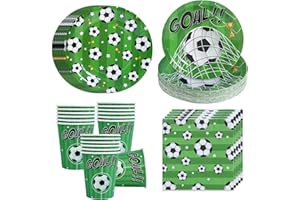 FAIRYMAIDEN Football Paper Plates Cups and Napkins Set - 96pcs Football Party Birthday Decorations Tableware, Disposable Plates Cups Napkins for World Cup, Sports Theme Birthday Party Decorations Boys(24 Guests)