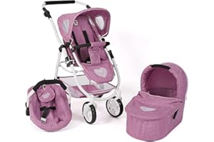 Bayer Chic 2000 - Puppenwagen Emotion All In, 3in1 Puppenwagen-Set bestehend aus Babywanne, Sportsitz und Autositz, Jeans pink