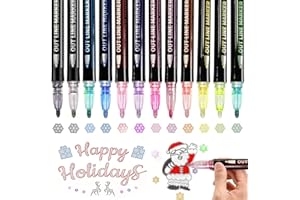 hirsrian 12 Colors Double Line Pen Outline Markers, Waterproof Glitter Paint Pens Metallic Drawing Makers Colored Permanent Pens for Illustration Card Wood Rock DIY Art Crafts