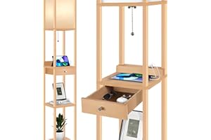 OUTON Lámpara de Pie con Estantes, Temperatura de 3 Colores, 2 Puertos de Carga USB y 1 Cajón, Lámpara de Pie con Pantalla de Lino Blanco para Sala de Estar, Dormitorio, Oficina madera