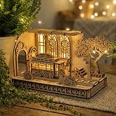 AlgWoodDesign Japanese Tram Station Diorama Ahşap Maket, 116 Par&ccedil;a DIY Japon Tramvay İstasyonu Modeli, Peri LED Dahil, MDF 3D