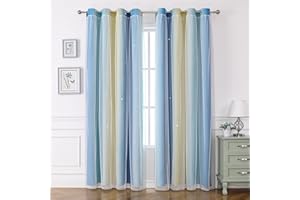 ‎FREYAMY Freyamy Gardinen Blau Beige Weiß Glänzend Sterne Vorhänge Blickdicht Kinderzimmer Halbtransparent H 160 X B 132cm Ösenvorhang 2er Set Mädchen Kindervorhänge Gardinen Verdunkelungsvorhang Wohnzimmer