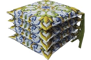 HABITA 33 HOME Cuscini Sedie Cucina Set da 4 o 6, Cuscini per Sedie Quadrati, 40x40 cm, Coprisedia con Laccetti, Copri Sedia da Cucina Sfoderabili, Cuscino Sedia in Stampa Digitale, Made in Italy (4 Lily)