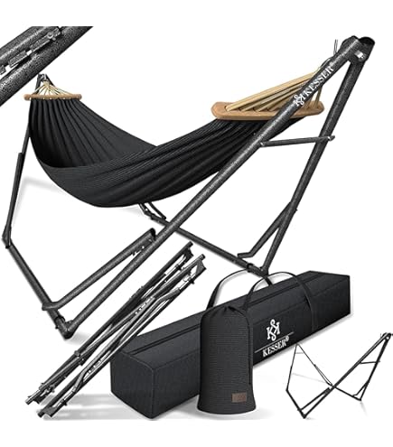 KESSER® Hangmat met Standaard en Kussen voor Binnen & Buiten XXL | Dubbele Hangmat HILL geschikt voor 2 Personen met metalen Frame | Hangstoel Draagvermogen tot 200 kg Tuin Balkon Terras, Grijs