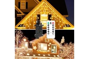 GCMacau Icicle Lights Mains Powered, 240 LED 4+3m/23ft Christmas Fairy Lights Outdoor with 8 Modes Timer, Plug in String Lights Holiday Lighting for Garden Party Home Decorations (Warm White)