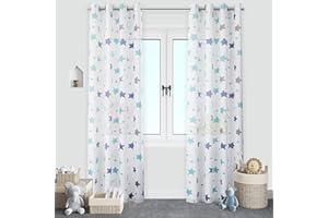 DALINA TEXTIL S.L Dalina Textil - Cortinas Translúcida Infantiles Niño Dos Panel de 140x260cm- Cortina Visillo Juveniles Estampado de Estrellas para Habitación Sala de Estar 2 Pieza Azul