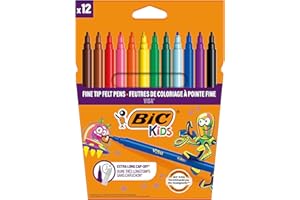 BIC Kids Visa Feutres de Coloriage à Pointe Fine, Lavables, Encre à base d'eau - Couleurs Assorties, Etui Carton de 12