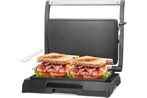 Baker's Friend 2-Slices Panini Press Sandwich Maker, Griddle Press, Electric Griddle Indoor, Panini Maker Cast Iron with Oil Tray, Pancakes & Eggs, Stainless Steel, UK Plug