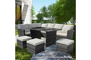 Yesuitme Garden Furniture Lounge Rattan Garden Furniture Garden Corner Sofa Set 9 Seater Rattan Sofa with table 3 Stools(Mixed Grey with Light Cushion)