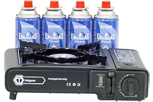 Tolegano Hornillo de gas con 4 cartuchos de gas y encendido piezoeléctrico. Hornillo de camping robusto con 1 foco regulable sin niveles