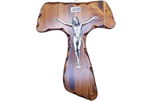 La Balestra Croce Tau da Parete - Artigianale Made in Italy Cristo e INRI Placcati Argento 999 - Crocifissi da Parete in Legno, Cura e Precisione dei dettagli di Gesù Crocifisso - 23x17,5cm