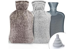 ESTCOO Große Wärmflasche 2L mit 2 Wechselbezügen, Auslaufsichere Heizflasche aus PVC – Ideal für Kinder/Erwachsene, Geschenk gegen Muskelverspannungen (Grau/Braun)