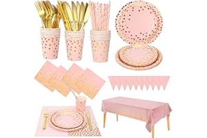SYLKEN 186 Stück Rosa-gold Partygeschirr,Partyzubehör Pappteller Set,Wiederverwendbar ​Papier Geschirr Set einschließlich Tischdecke Teller Becher Servietten zum Geburtstag,Hochzeiten,Jubiläums 25 Gäste