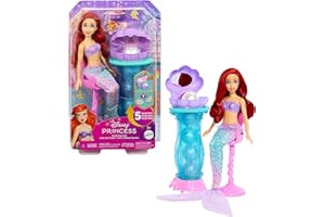 Mattel Księżniczka Disneya Arielka Muszelkowa toaletka Zestaw, lalka syrenka ze zdejmowanym ogonem, toaletka i 5 „perełek” z niespodziankami, JBF86