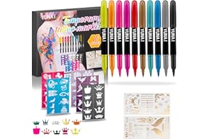YUNAI Temporary Tattoos Markers for Skin, Tattoo Pen Kit with 10 Body Tattoos Pens 5 Tattoo Stencils 2 Tattoos Stickers for Adults, Fine Tip, Assorted Bright Colors