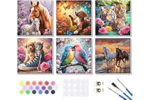 Lxmsja 6 Pack Animals Paint by Numbers for Adults Beginner with Frame, Horse Dog Cat Painting by Numbers on Canvas, DIY Acrylic Birds Tiger Painting Kit Art and Crafts Gifts for Home Decor, 8x8inch