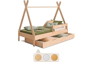 smartwood Lettino bambino con cassetto TIPI D 80x160 con rete a doghe e sponda - Letto Montessori bambini a Casetta per ragazzi e ragazze - Letto singolo con contenitore - 160x80 - Legno naturale