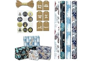 BSEICAL Geschenkpapier Weihnachten Rolle, Schwarz, Blau, 4 Rollen Set Weihnachtsgeschenkpapier, Weihnachtspapier Retro, Christmas Geschenkfolie Xmas Wrapping Paper Mit Aufkleber, Tags, Papierseilen 43*300cm
